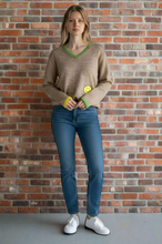 Load image into Gallery viewer, Camel V-Neck Sweater with Smiley Detail - Indie Indie Bang! Bang!