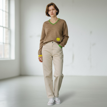 Load image into Gallery viewer, Camel V-Neck Sweater with Smiley Detail - Indie Indie Bang! Bang!
