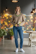 Load image into Gallery viewer, Camel V-Neck Sweater with Smiley Detail - Indie Indie Bang! Bang!