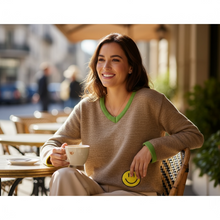 Load image into Gallery viewer, Camel V-Neck Sweater with Smiley Detail - Indie Indie Bang! Bang!