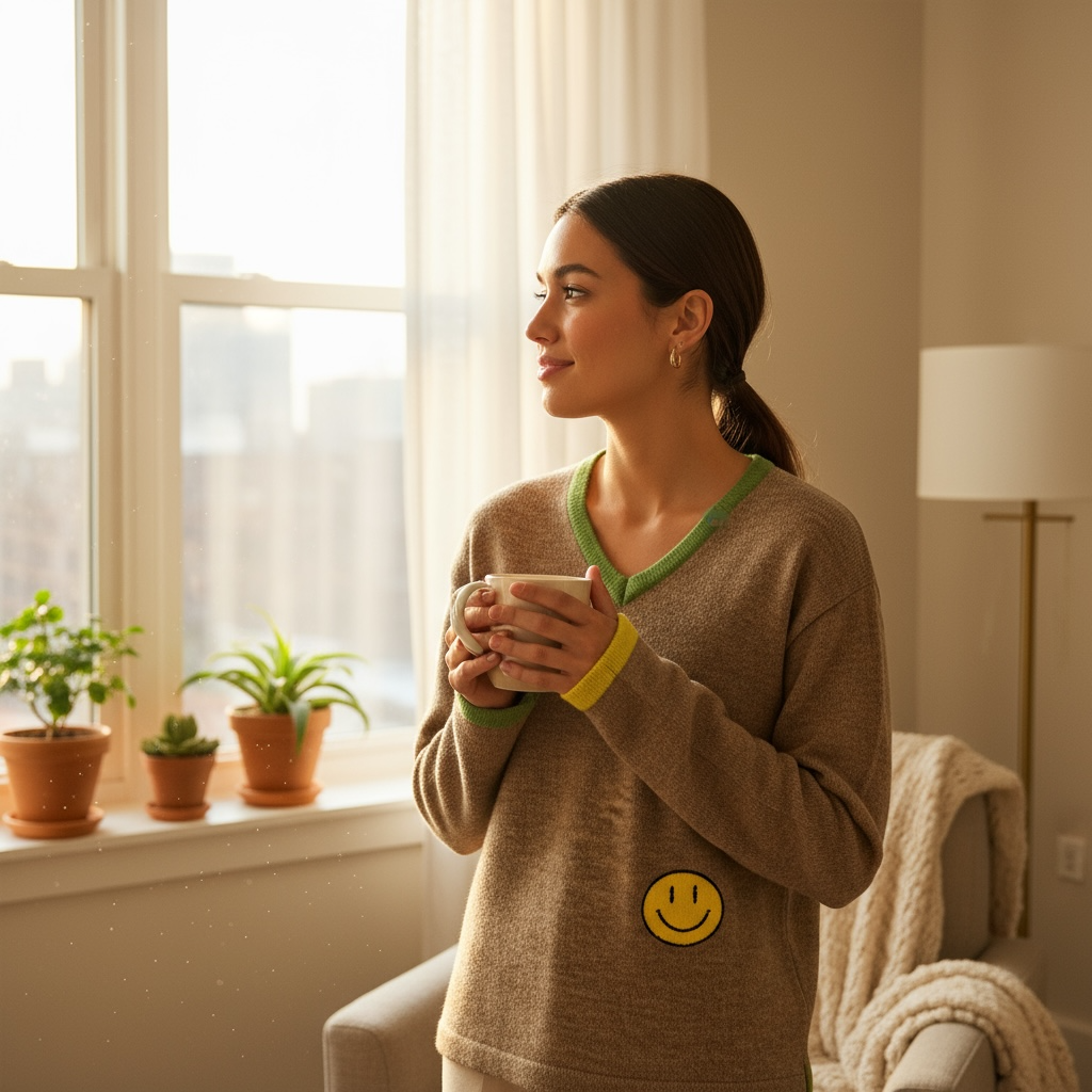 Camel V-Neck Sweater with Smiley Detail - Indie Indie Bang! Bang!