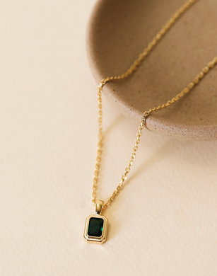 Rectangular Gold Baguette Pendant Necklace - Emerald Green - Indie Indie Bang! Bang!