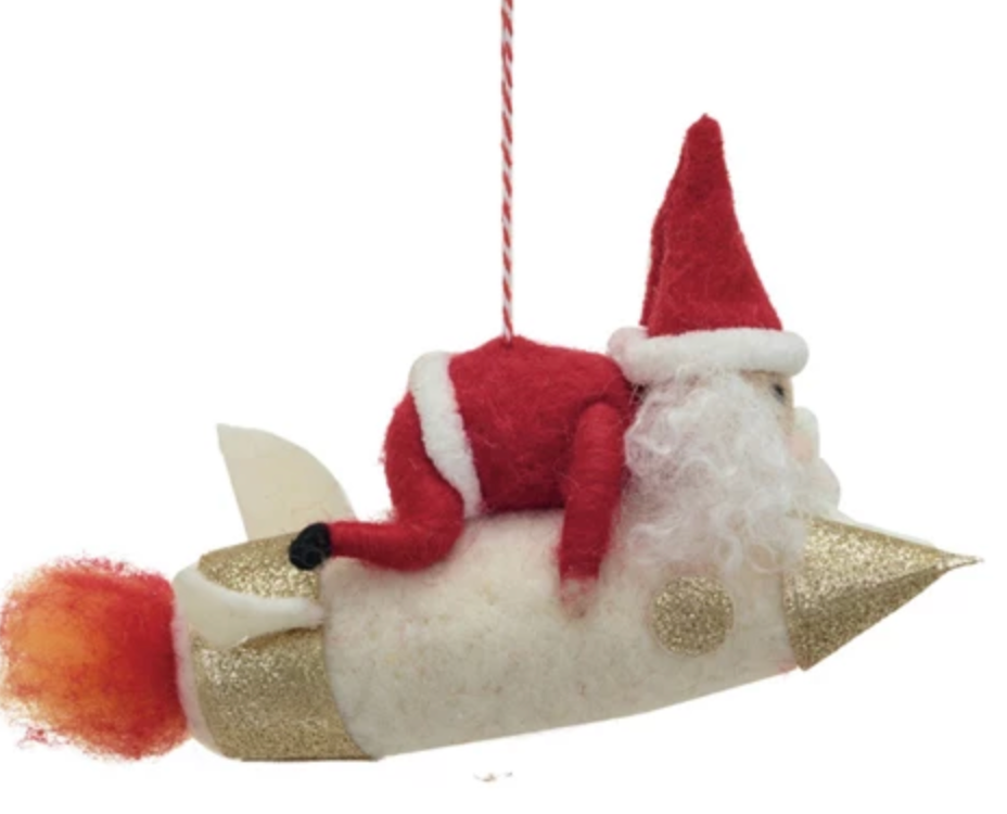Handmade Wool Felt Santa on Tree/Rocket Ornament - Thumbnail 2