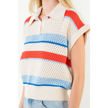 Load image into Gallery viewer, Striped Open Knit Polo Top - Cream - Indie Indie Bang! Bang!