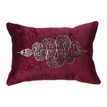Load image into Gallery viewer, Cotton Velvet Printed Lumbar Pillow w/ Gold Foil Snake, Beads &amp; Piping, Maroon