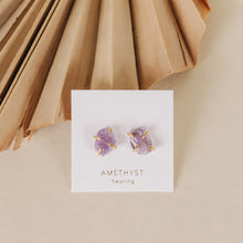 Load image into Gallery viewer, Jaxkelly amethyst earrings on a branded card with beige background