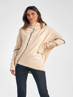 Beige Asymmetrical Sweater with Black Stitching - Indie Indie Bang! Bang!