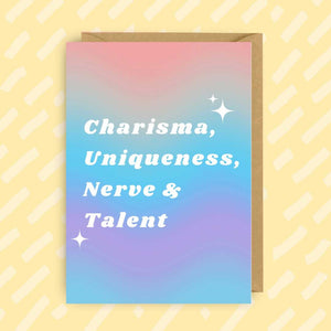 RuPaul Drag Race Charisma, Uniqueness, Nerve, and Talent Card - Indie Indie Bang! Bang!