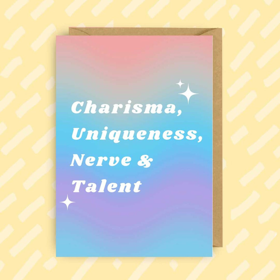 RuPaul Drag Race Charisma, Uniqueness, Nerve, and Talent Card - Indie Indie Bang! Bang!