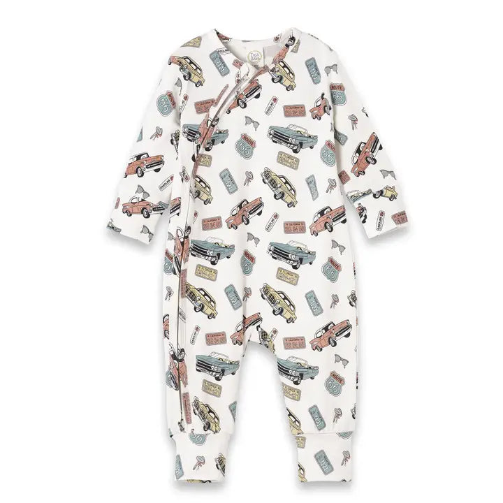 Baby Zipper Romper – Bamboo Route 66 Classic Car Print - Indie Indie Bang! Bang!