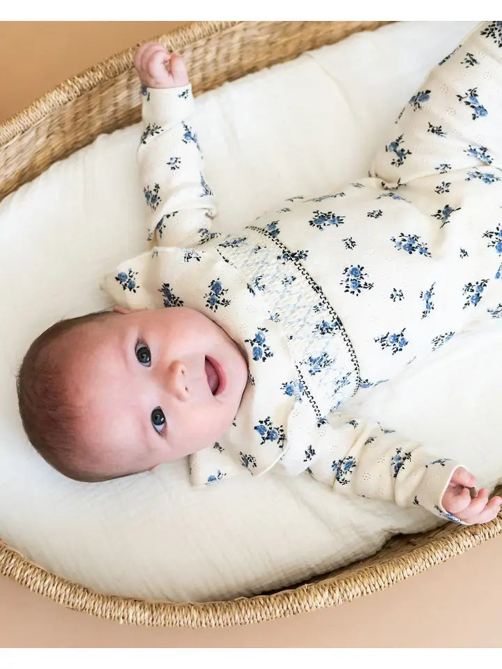 Floral Smocked Pointelle Knit Baby Footie (Organic Cotton) - Indie Indie Bang! Bang!