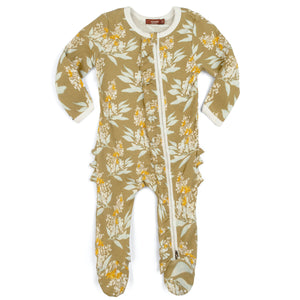 Gold Floral Ruffle Zipper Footed Romper - Indie Indie Bang! Bang!