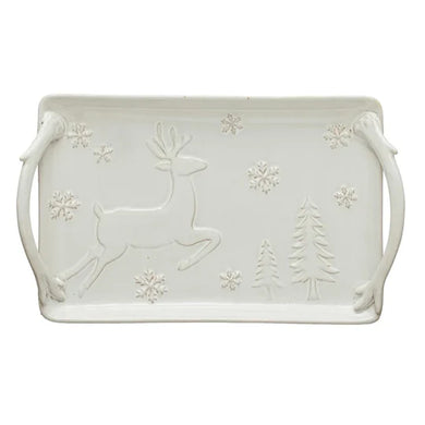 Stoneware Tray w/ Deer, Snowflakes & Trees, Reactive Glaze - Indie Indie Bang! Bang!