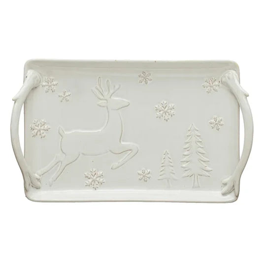 Stoneware Tray w/ Deer, Snowflakes & Trees, Reactive Glaze - Indie Indie Bang! Bang!