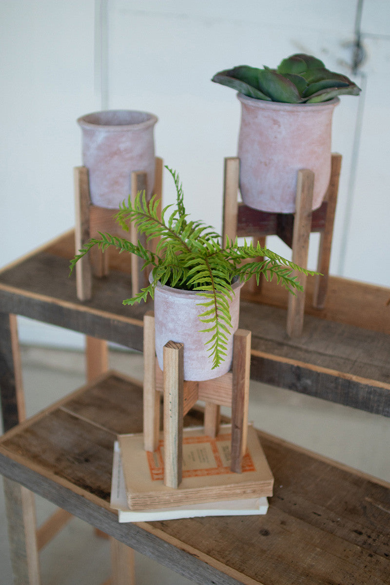 White Washed Clay Flower Pots on Recycled Wood Stands - Indie Indie Bang! Bang!