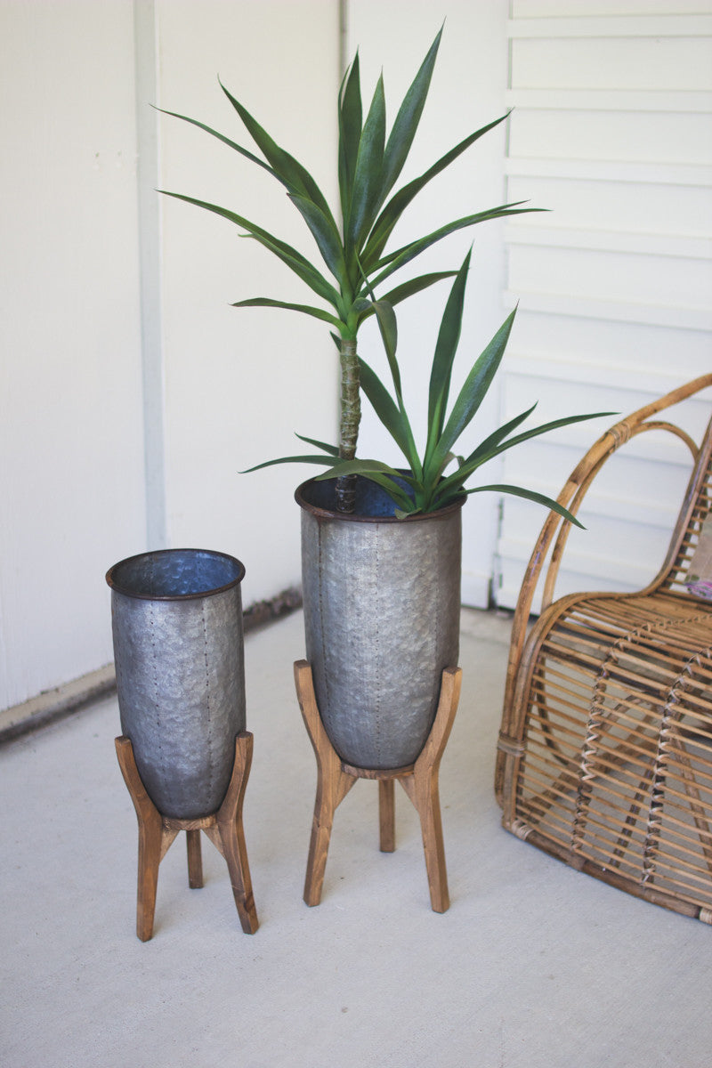 Galvanized Urns On Wood Bases