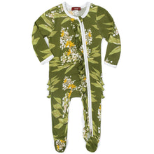 Load image into Gallery viewer, Green Floral Organic Cotton Ruffle Zipper Footed Romper - Indie Indie Bang! Bang!