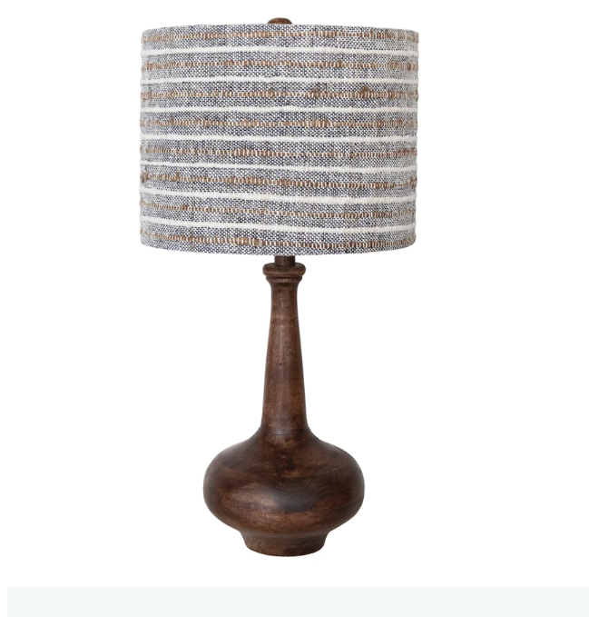 Mango Wood Table Lamp with Woven Cotton and Linen Striped Shade - Indie Indie Bang! Bang!