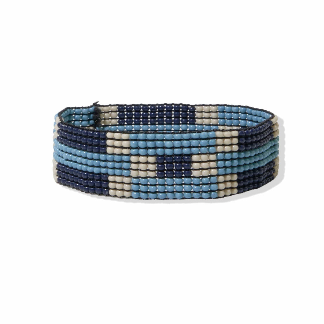 Navy Light Blue Ivory Check Stripe Small Stretch Bracelet - Indie Indie Bang! Bang!