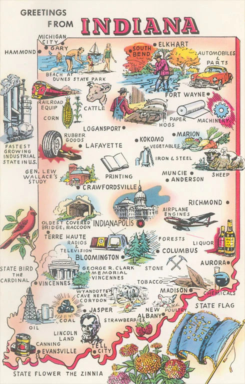 Vintage Indiana Map Magnet, Postcard, or Sticker - Indie Indie Bang! Bang!